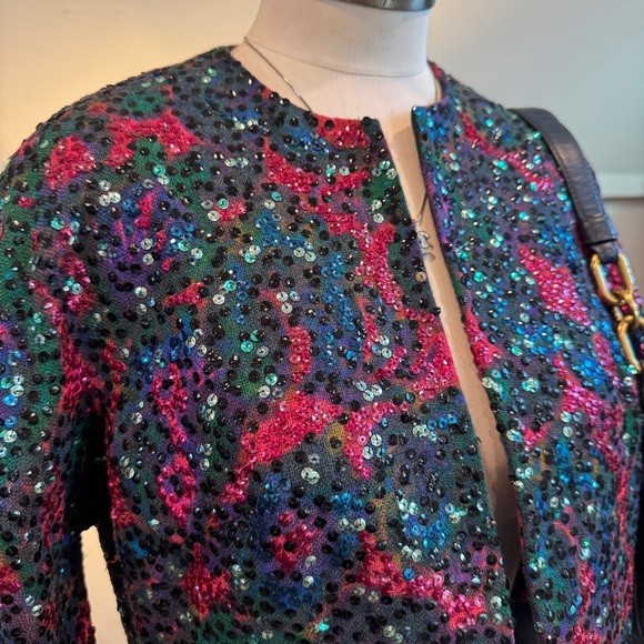 Vintage 70s Colorful Sequin Embellished Multicolor Jacket Cardigan - Picture 2 of 10